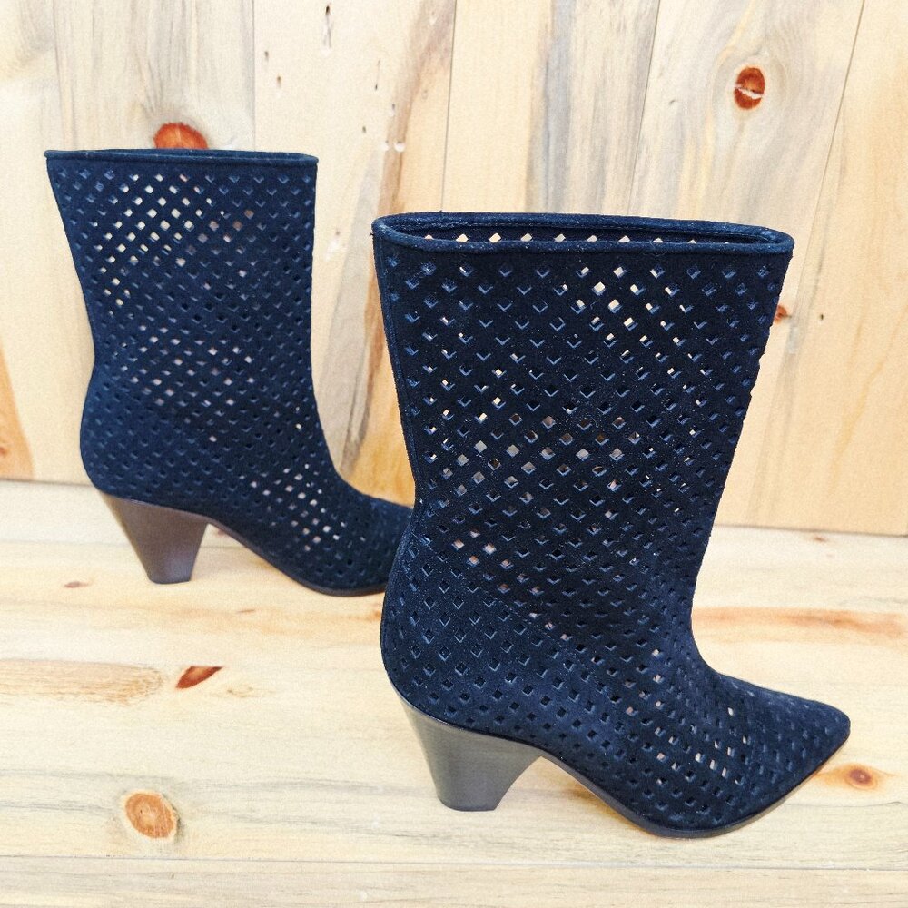 Paige Layla Mid Calf Boot Black Suede Perforated Pointed Toe Heeled
